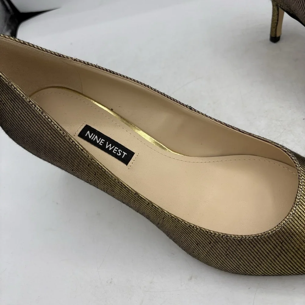 Nine West Heels‎ Womens Size 9.5 M Arlene 2 Gold Stripe Pumps Pointed Toe